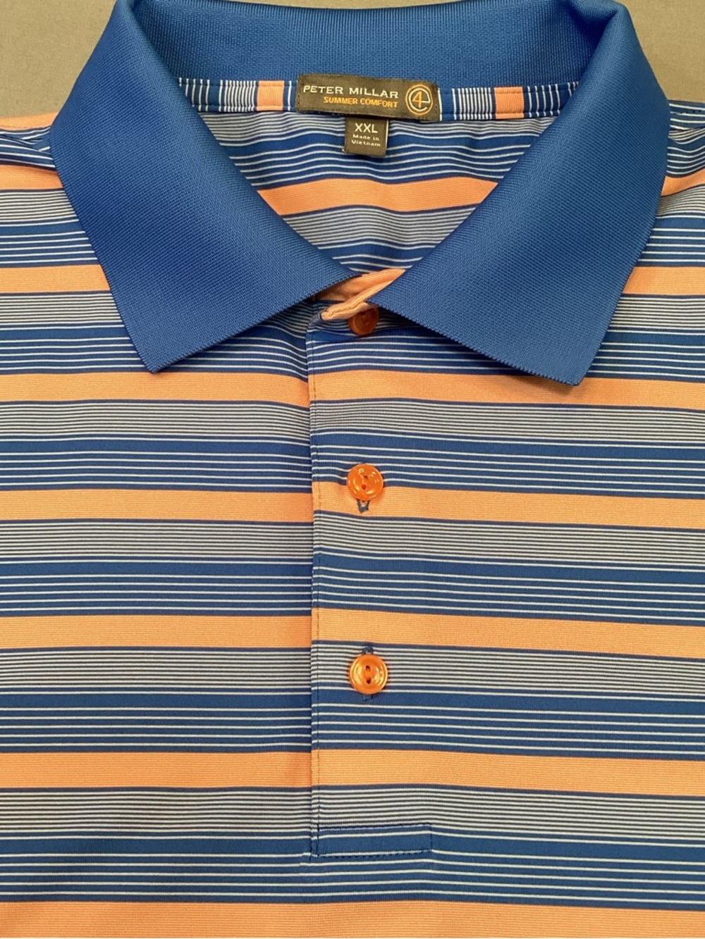 Peter Millar Summer Comfort E4 Polo Shirt Men’s XXL Blue Orange Stripe Golf MINT